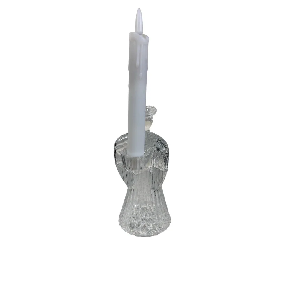Unbranded Glass Angel Taper Candle Holder Clear Ribbed Praying Figurine 6.25in